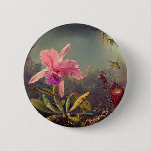 Cattleya Orchid och tre Hummingbird Heade Knapp