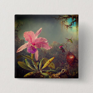Cattleya Orchid och tre Hummingbird Heade Knapp