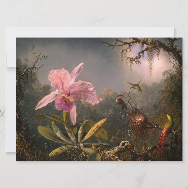 Cattleya Orchid och tre Hummingbird (Heade) Kort (Framsida)