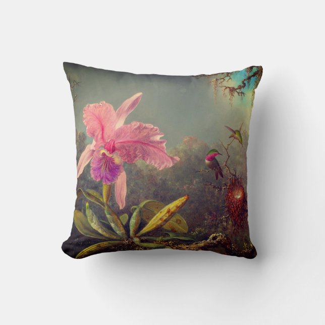 Cattleya Orchid och tre Hummingbird Heade Kudde (Framsida)