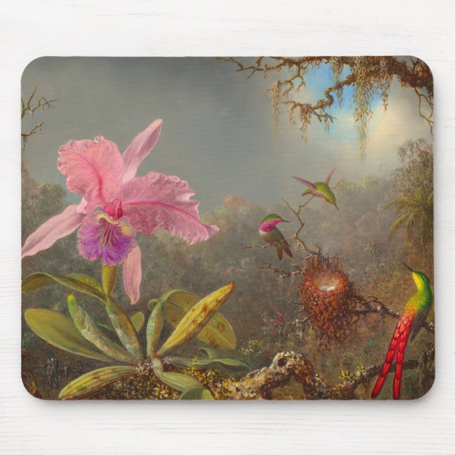 Cattleya Orchid och tre Hummingbird Heade Musmatta (Framsidan)