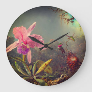 Cattleya Orchid och tre Hummingbird Heade Stor Klocka