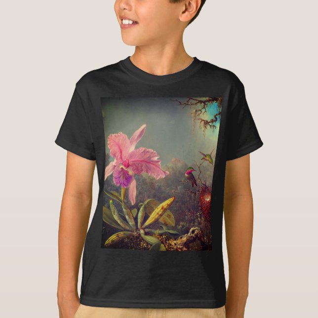 Cattleya Orchid och tre Hummingbird Heade T Shirt (Framsida)