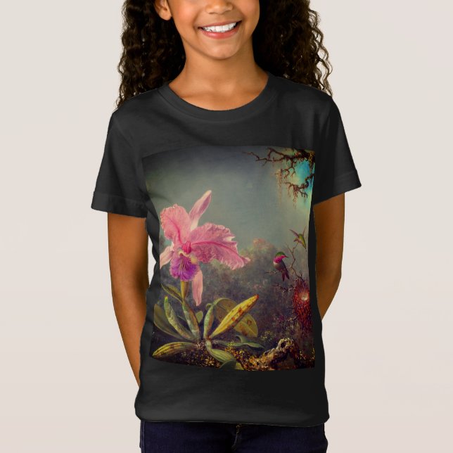 Cattleya Orchid och tre Hummingbird Heade T Shirt (Framsida)