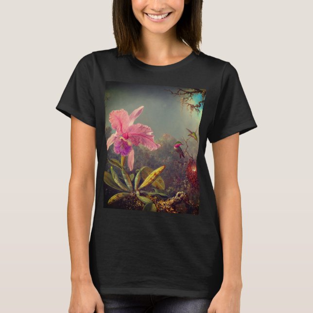Cattleya Orchid och tre Hummingbird Heade T Shirt (Framsida)