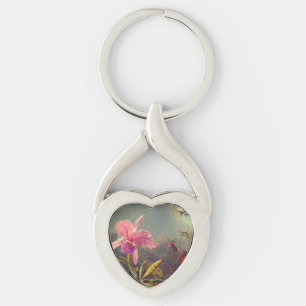 Cattleya Orchid och tre Hummingbird Heade Twisted Heart Silverfärgad Nyckelring