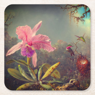 Cattleya Orchid och tre Hummingbird Heade Underlägg Papper Kvadrat