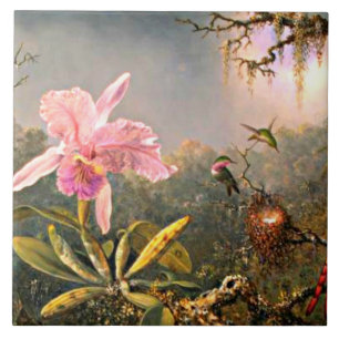 Cattleya Orchid och tre Hummingbird Kakelplatta