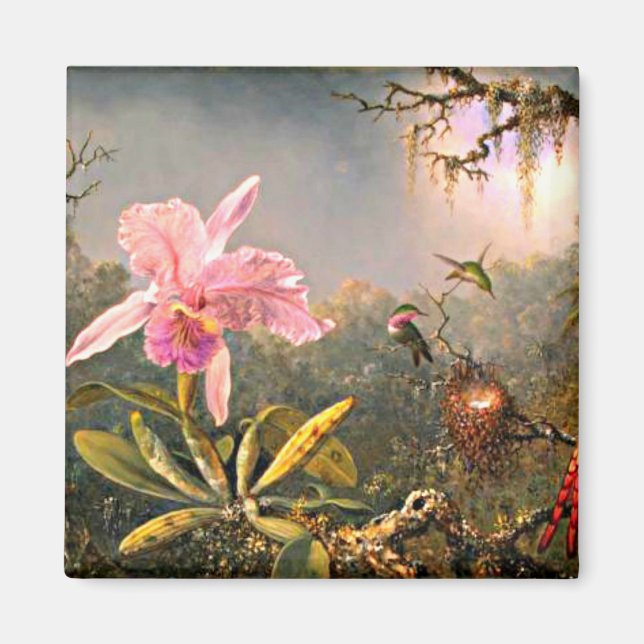 Cattleya Orchid och tre Hummingbird Magnet (Framsidan)