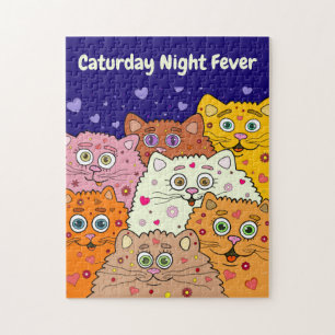 Caturday Nattfeber, Cute Tecknad Cats Pussel