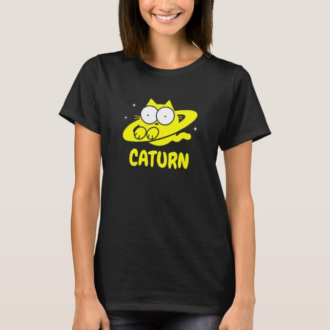 Caturn Cat  Space Saturn Doodle T Shirt (Framsida)
