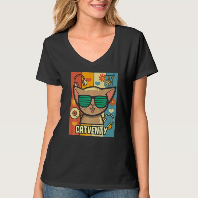 Catventy Retro 70s Cat T Shirt (Framsida)