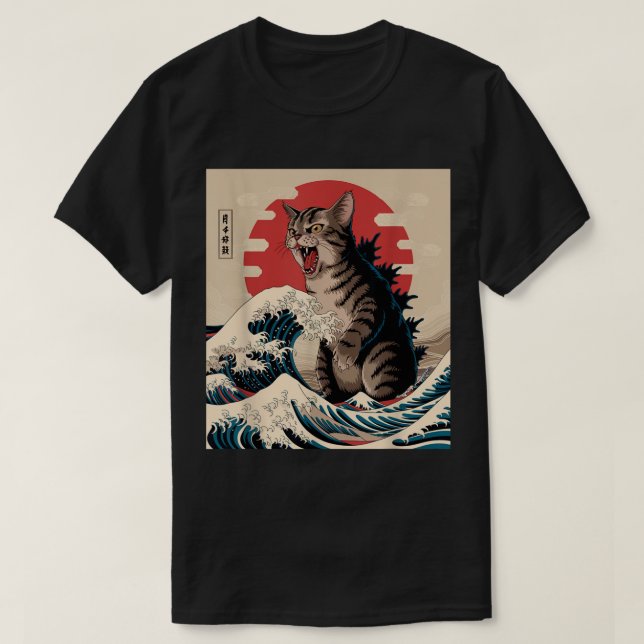Catzilla Art Japansk Wave Cat Lovers T Shirt (Design framsida)