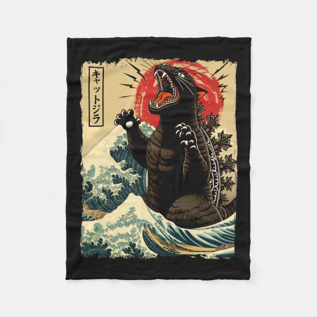 Catzilla Cat Art Funny Cat Japanska För manar kvin Fleecefilt (Framsidan)