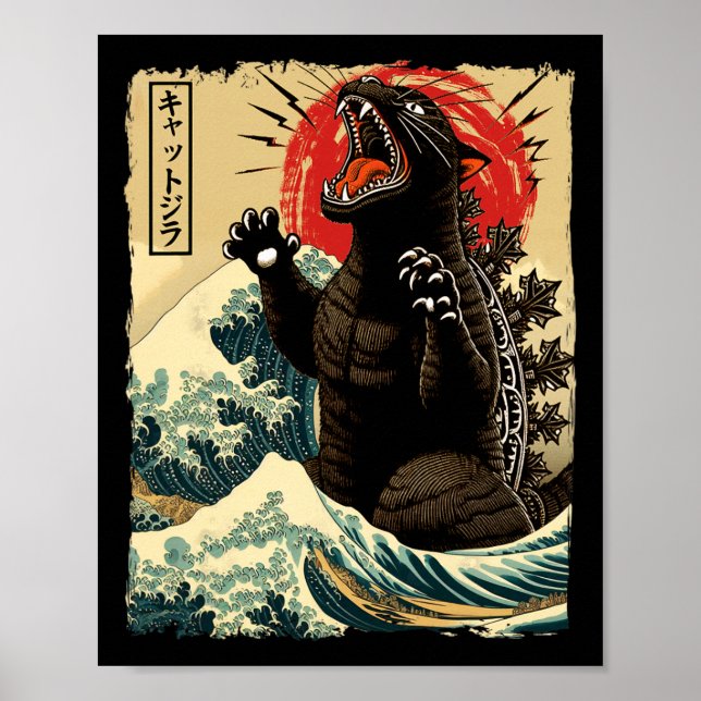 Catzilla Cat Art Funny Cat Japanska För manar kvin Poster (Framsidan)
