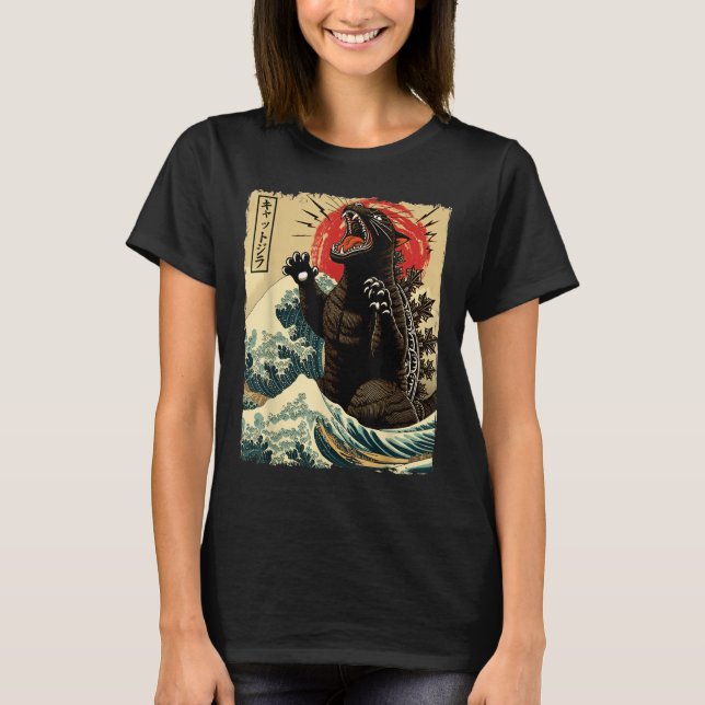 Catzilla Cat Art Funny Cat Japanska För manar kvin T Shirt (Framsida)