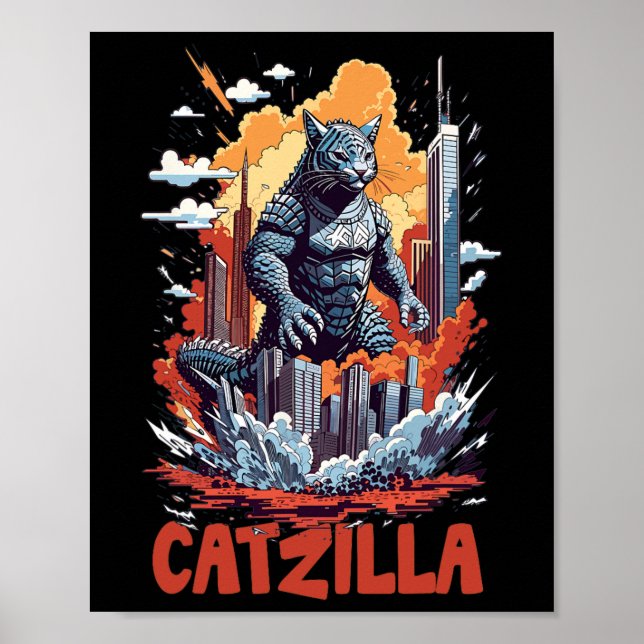 Catzilla Cat City Skyline Funny Poster (Framsidan)