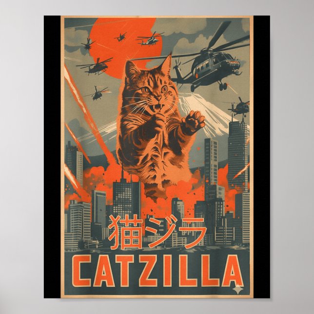 Catzilla Cat Japanese Art Funny Cat For Men Women  Poster (Framsidan)