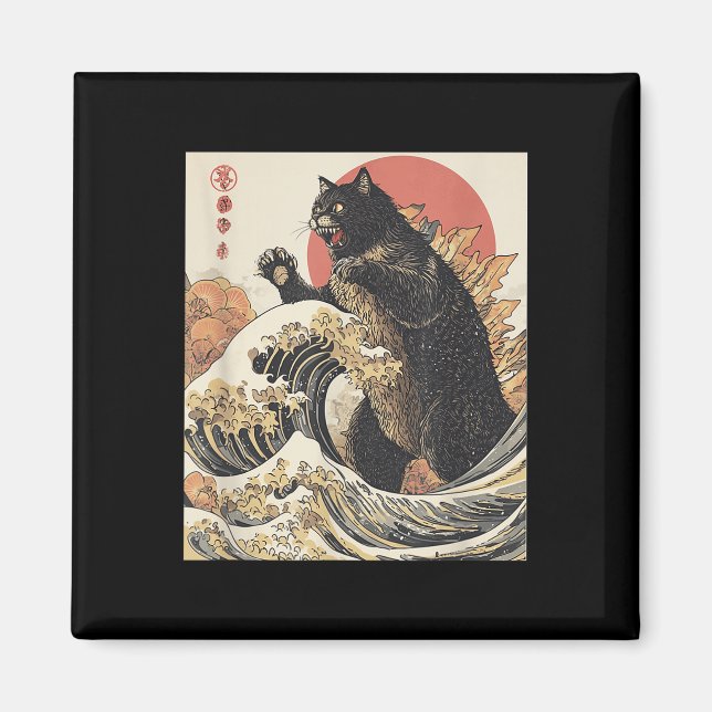 Catzilla Cat Japansk Art Funny Cat För manar kvinn Magnet (Framsidan)