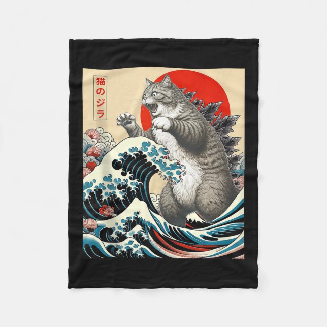Catzilla Cat Japansk Art Funny Cat-gåvor För manar Fleecefilt (Framsidan)