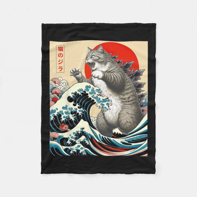 Catzilla Cat Japansk Art Funny Cat-gåvor För manar Fleecefilt (Framsidan)