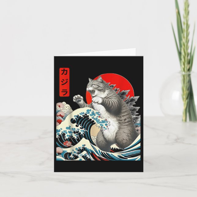Catzilla Cat Japansk Art Funny Cat-gåvor För manar Kort (Framsida)