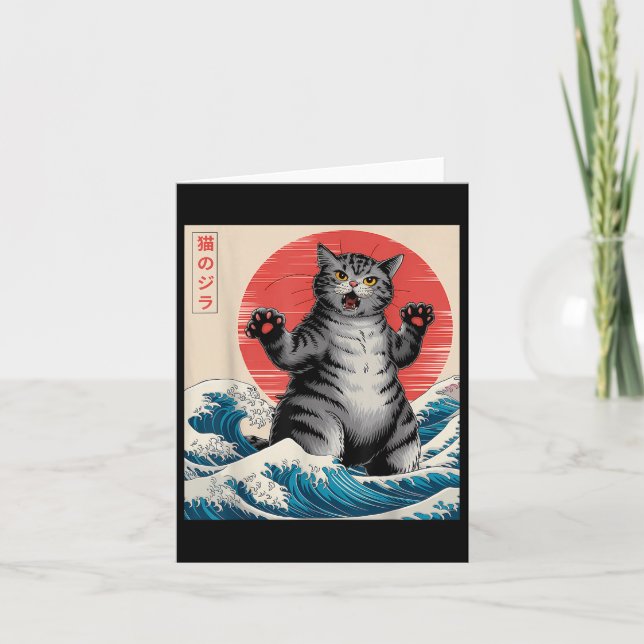 Catzilla Cat Japansk Art Funny Cat-gåvor För manar Kort (Framsida)
