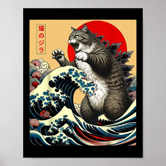 Catzilla Cat Japansk Art Funny Cat-gåvor För manar Poster (Framsidan)