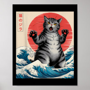 Catzilla Cat Japansk Art Funny Cat-gåvor För manar Poster