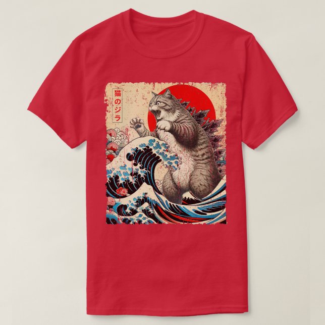 Catzilla Cat Japansk Art Funny Pillow T Shirt (Design framsida)