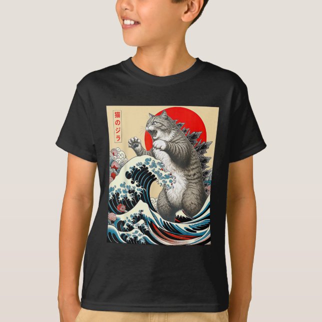 Catzilla Cat japansk art T Shirt (Framsida)