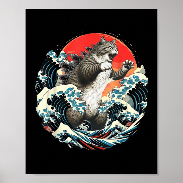 Catzilla Cat Japansk Art Underbar Vinkar Art För m Poster (Framsidan)