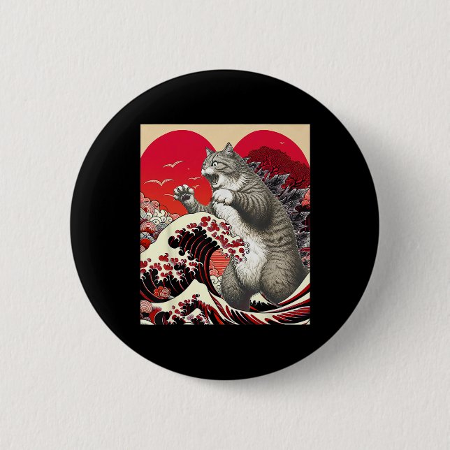 Catzilla Cat Valentine Japansk Art Funny Cat Gift Knapp (Framsida)