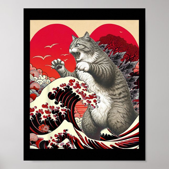 Catzilla Cat Valentine Japansk Art Funny Cat Gift Poster (Framsidan)