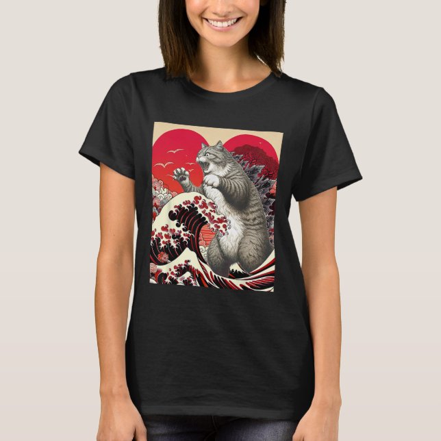 Catzilla Cat Valentine Japansk Art Funny Cat Gift T Shirt (Framsida)