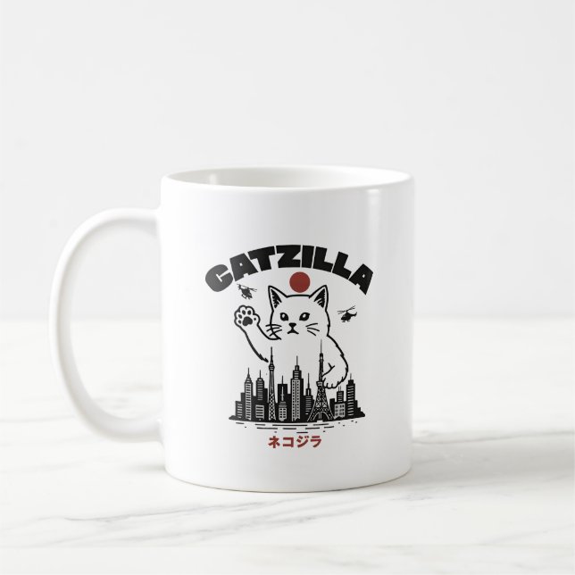 Catzilla - Funny Cat Godzilla Parody Kaffemugg (Vänster)