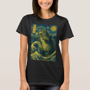 Catzilla Funny Cat Japansk Art Starry Nattvåg T Shirt