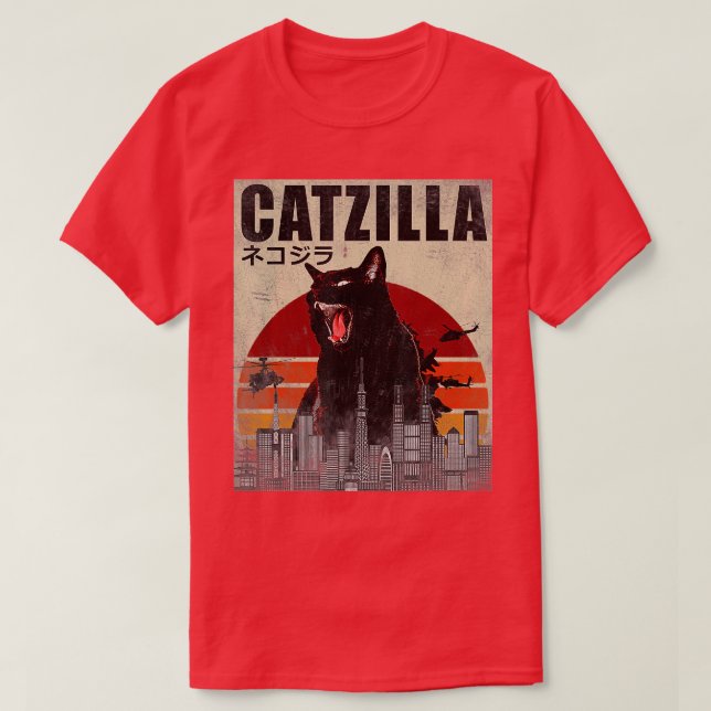 Catzilla Funny Cat Japansk solnedgång T Shirt (Design framsida)