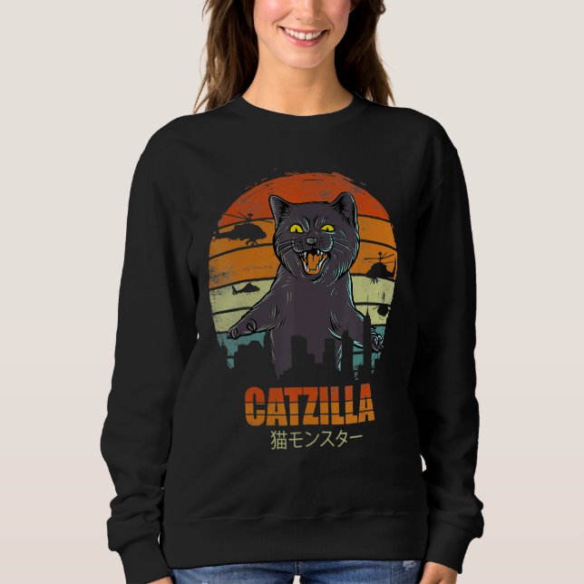 Catzilla Funny Cat Kärlek Kittens Retro Stil T Shirt (Framsida)