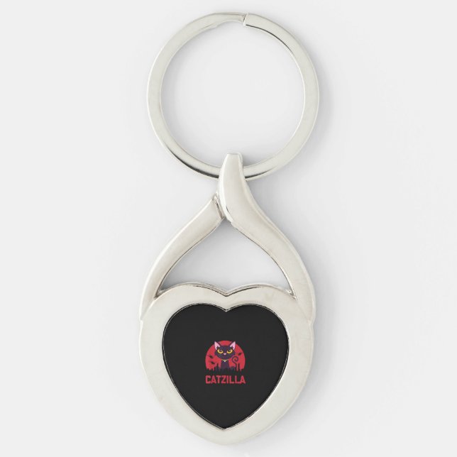 Catzilla Funny Cat Monster Twisted Heart Silverfärgad Nyckelring (Framsidan)