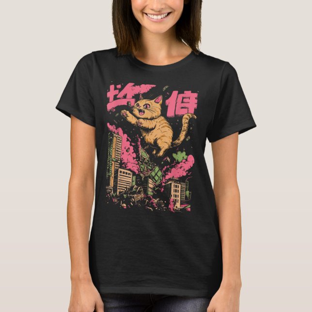 Catzilla Funny Giant Cat Monster Kaiju Japanese Ka T Shirt (Framsida)