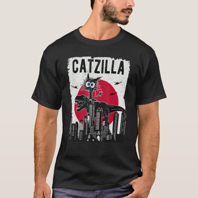 Catzilla Funny Retro Cat Kitten Riding T.Rex Lover T Shirt (Framsida)