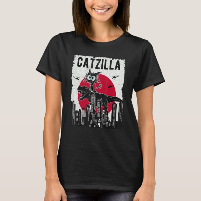 Catzilla Funny Retro Cat Kitten Riding T.Rex Lover T Shirt (Framsida)
