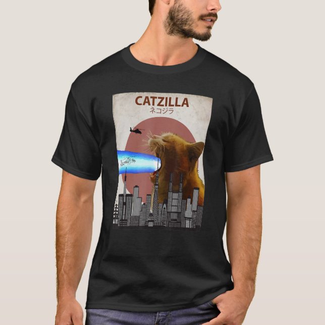 Catzilla Giant Cat med munlasers japansk funn T Shirt (Framsida)