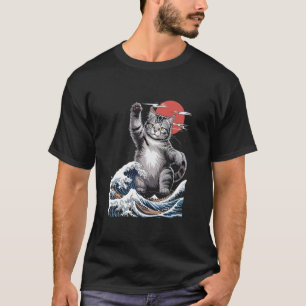Catzilla Great Wave Mashup Illustration Lång Ärm T Shirt