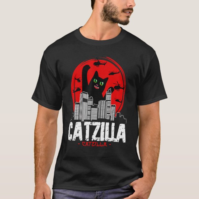 Catzilla Japanese Sunset fighting helicopter funny T Shirt (Framsida)