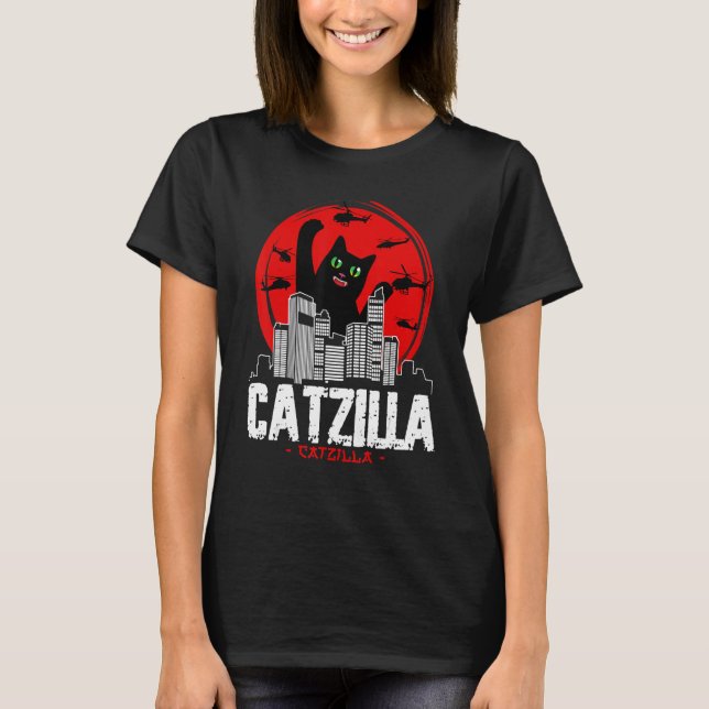Catzilla Japanese Sunset fighting helicopter funny T Shirt (Framsida)
