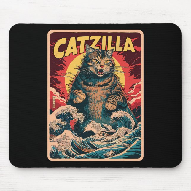 Catzilla Japansk Art Funny Cat Vintage Graphic Musmatta (Framsidan)