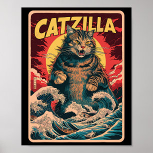 Catzilla Japansk Art Funny Cat Vintage Graphic Poster