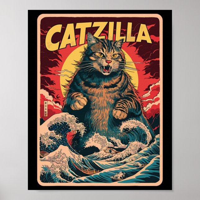 Catzilla Japansk Art Funny Cat Vintage Graphic Poster (Framsidan)